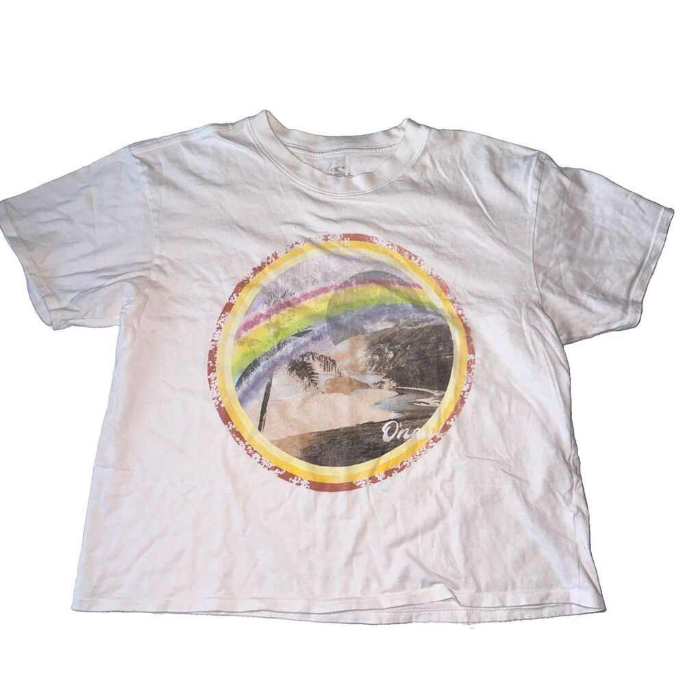 O'Neill Women's Cropped rainbow Graphic Print white Short Sleeve T-Shirt 2XL